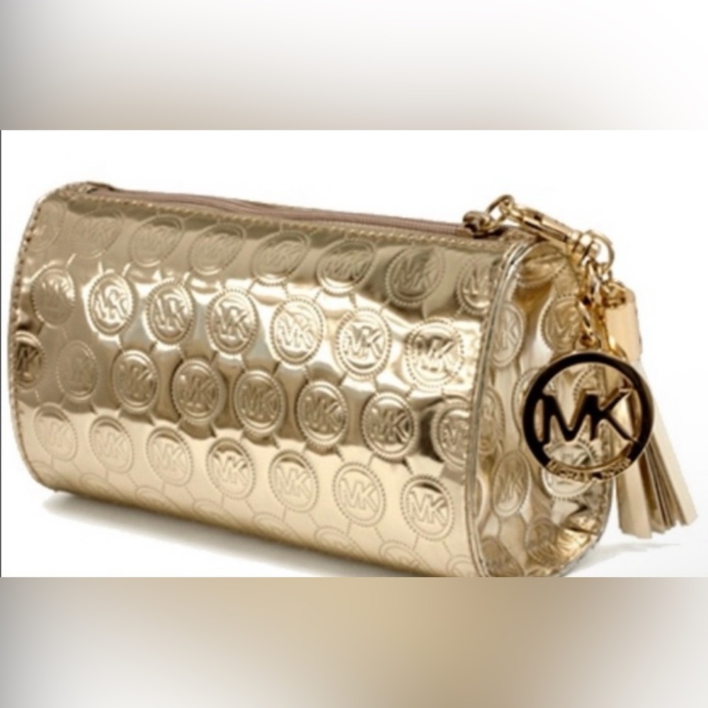 Michael Kors Metallic Gunmetal All-Over MK Monogram Cosmetic Pouch With Tassel